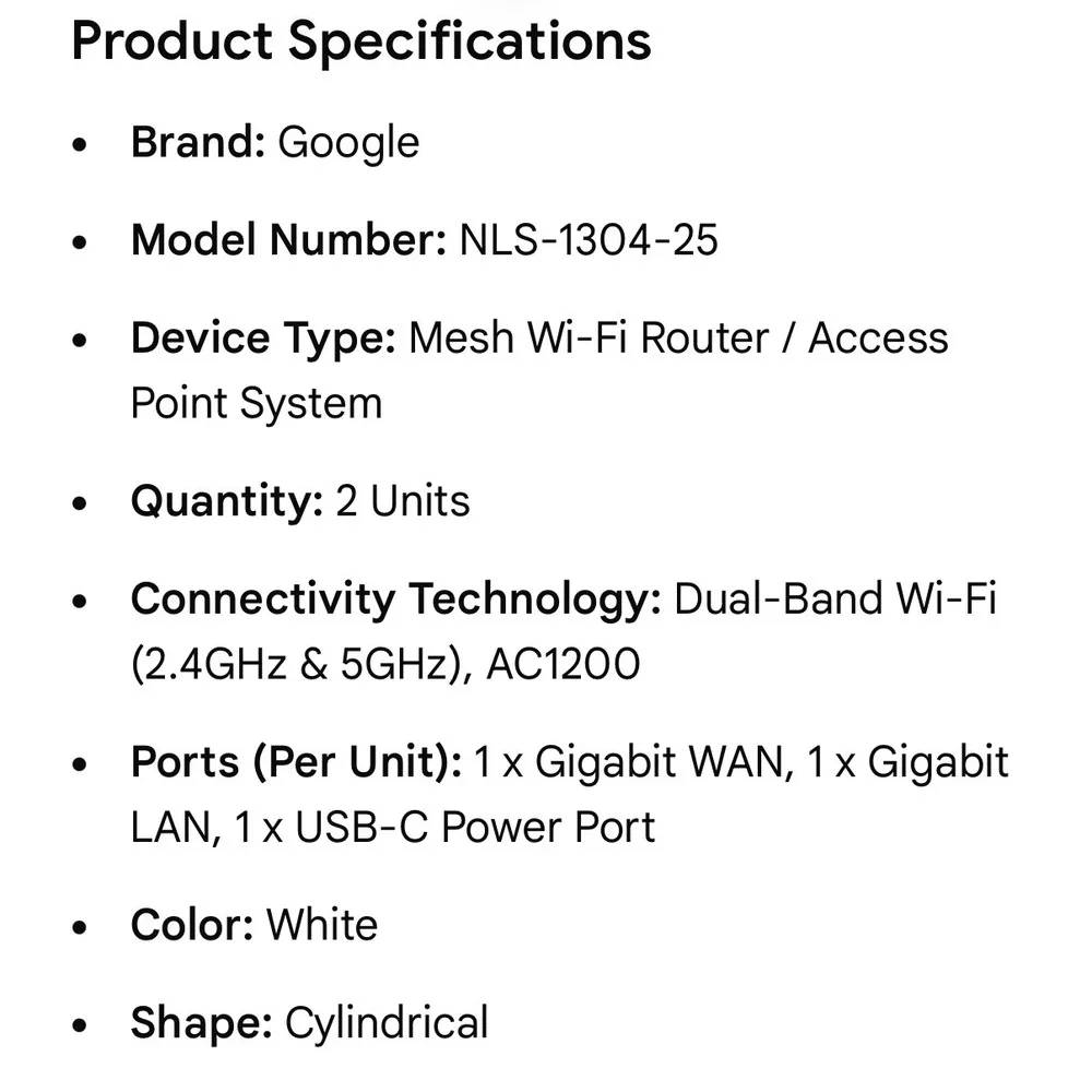 Google Wifi Mesh Router 2 Pack NLS-1304-25 AC1200 White Tested Dual Band